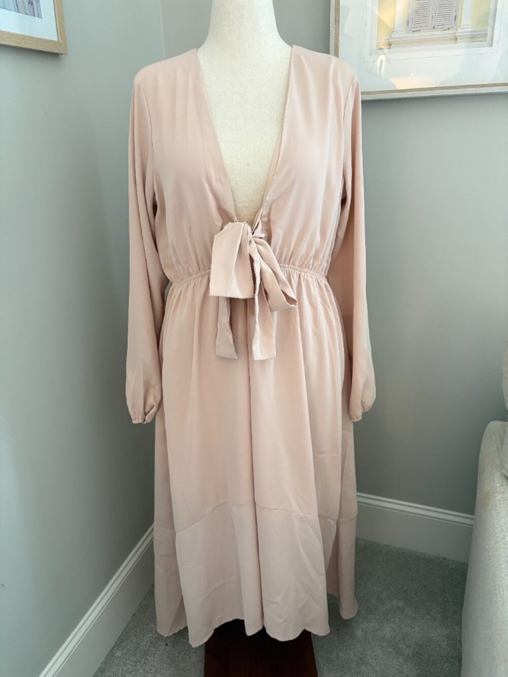 Lulu's XL (12-14) Beautiful Sight Blush Long Sleeve Tie-Front Midi Dress Romance